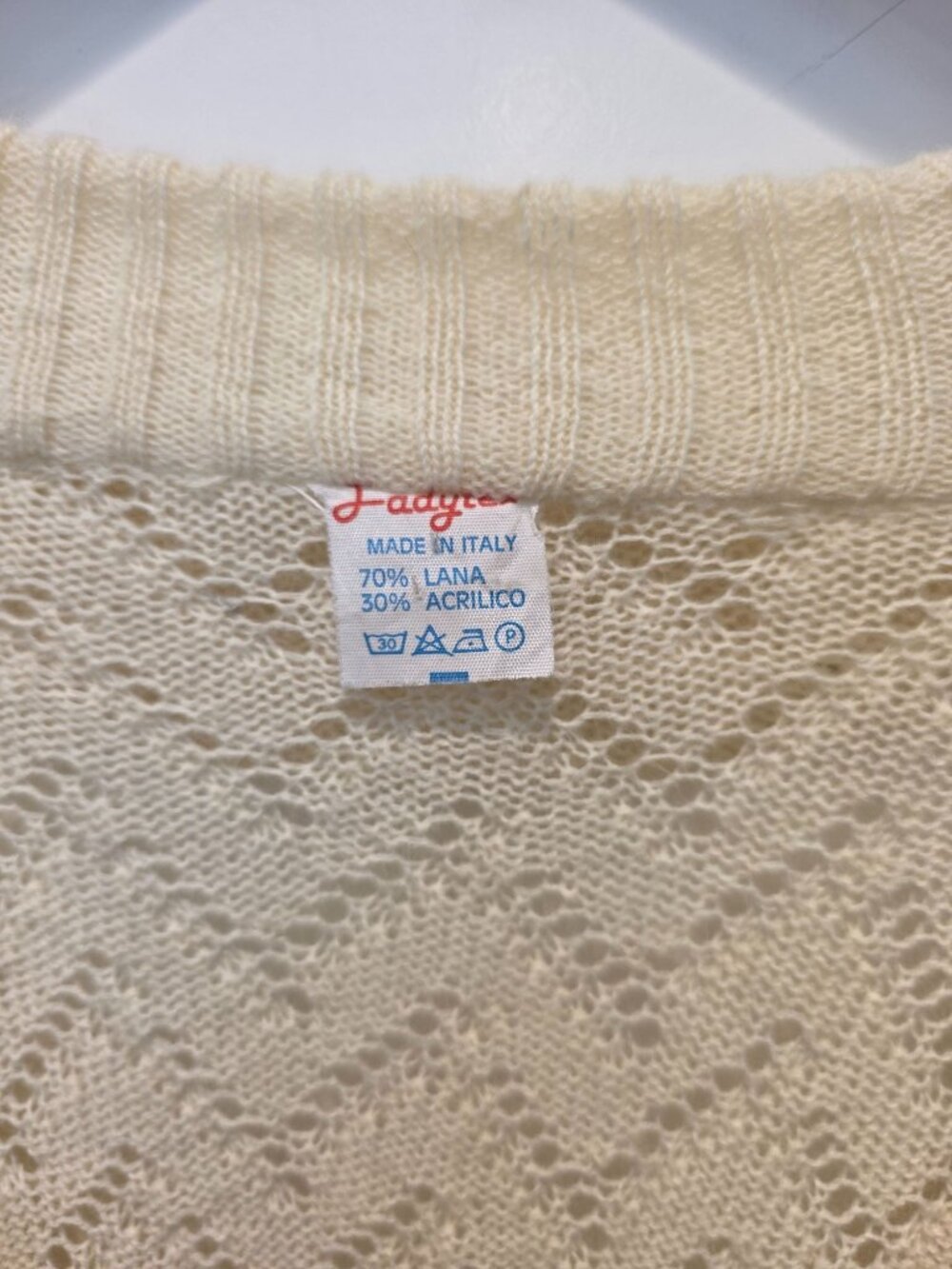 Vintage LADYTEX Cream Pointelle-Knit Button-Up Wool-Blend Cardigan M/L - Italy - Picture 4 of 5